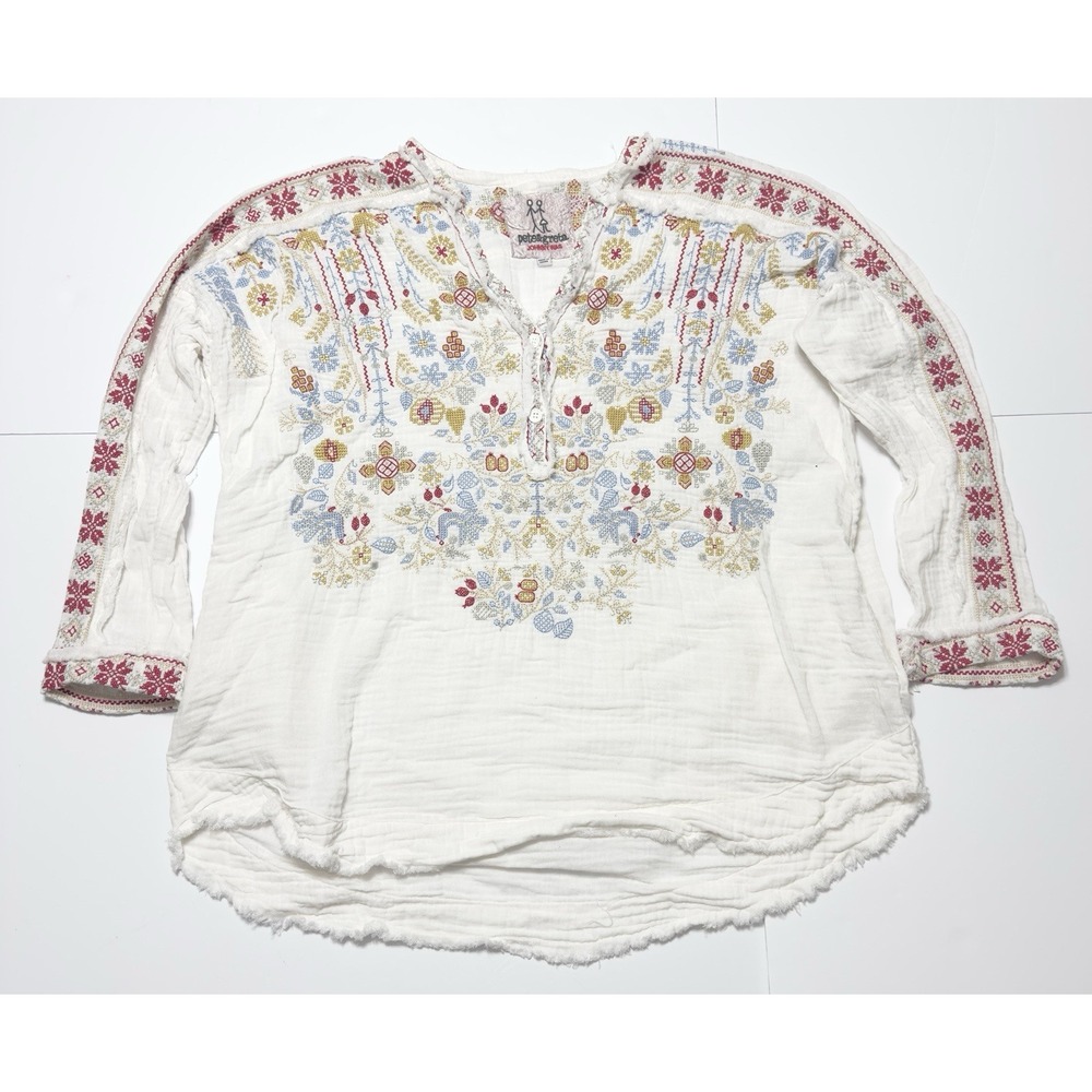 Johnny Was Pete & Greta Gauzy Floral Embroidered Blouse w/ Pockets Sz S Boho